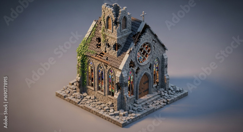 An old, ruined church with intricate stone carvings and overgrown vines, standing against a neutral background the church is weathered