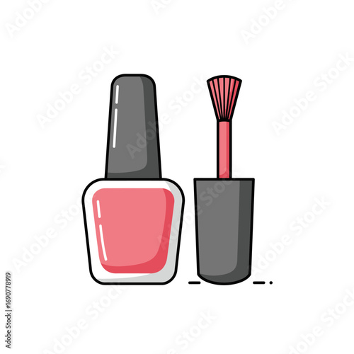 Pink nail polish bottle and brush sitting on white surface, ready for manicure in beauty salon, creating glamorous and feminine vibe.