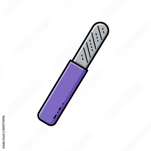 Purple nail file filing fingernails in beauty salon for manicure and pedicure, representing personal care and hygiene, with a clean and minimalist aesthetic.
