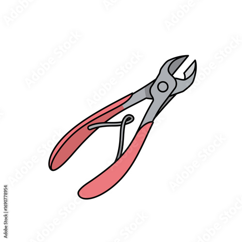 Red handled wire cutters sit diagonally on a white surface, tool for cutting wires in various projects, useful and practical.