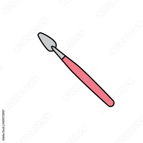Palette knife with pink handle resting on a white surface, tool used for mixing and applying paint, creating textured artwork.
