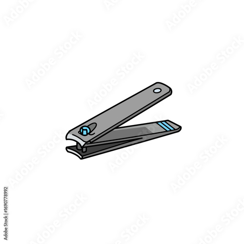 Silver nail clipper angled on white surface showing grooming tool for personal hygiene and manicure in a clean and simple presentation.