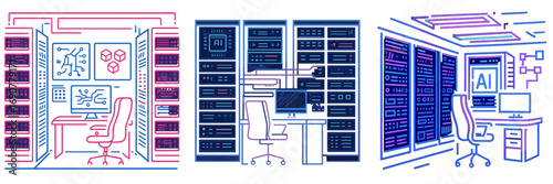 Set of three server room and data center concepts with artificial intelligence hardware and network infrastructure
