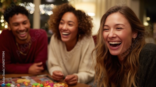 Game night laughter among friends cozy living room fun activity