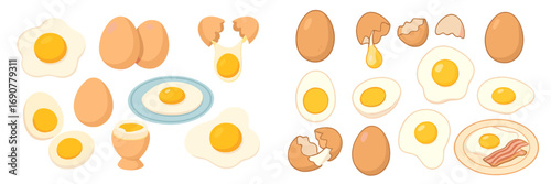 Cartoon collection of various chicken eggs including whole, cracked, fried sunny side up, hard boiled, and soft boiled in an egg cup, plus a breakfast plate with bacon
