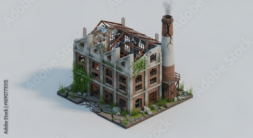 Isometric view of an old abandoned factory with broken roof and overgrown walls, symbolizing decay and neglect