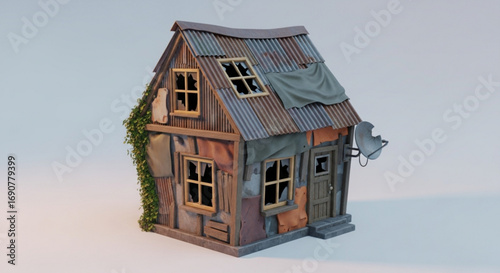 Rustic abandoned shack with broken windows and makeshift repairs, depicting poverty and resilience in a desolate setting