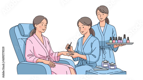 A woman relaxing in a spa chair receiving a manicure from a beautician while another attendant holds nail polish bottles