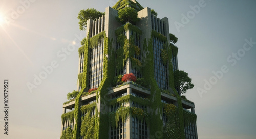 Postapocalyptic skyscraper covered in lush greenery, showcasing nature reclaiming urban space and the resilience of life
