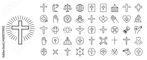 A comprehensive vector collection of Christian line icons. The set features various symbols of faith in a clean, linear style with fully editable strokes, perfect for a modern design.