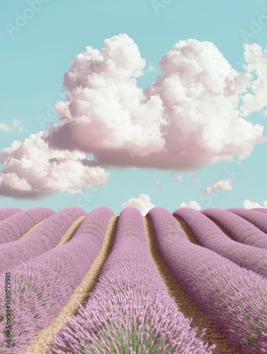 A field of lavender under a soft pastel sky, rows of purple flowers stretching to the horizon, peaceful and aromatic, romantic atmosphere.