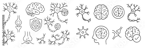Neuron and brain line icon set for neurology and neuroscience concepts, including synapse, nerve cell, and central nervous system symbols