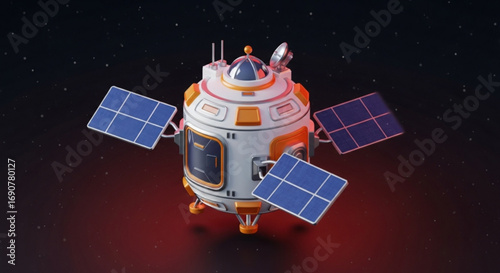 A whimsical space capsule with solar panels floats in the dark void, ready for an adventure among the stars and beyond the known universe