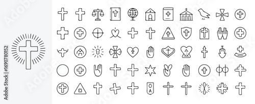 A comprehensive vector collection of Christian line icons. The set features various symbols of faith in a clean, linear style with fully editable strokes, perfect for a modern design.