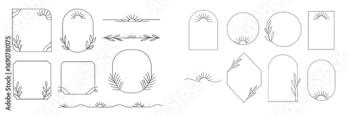 Elegant collection of minimalist boho frames and borders featuring botanical leaf and sun elements in a simple line art design