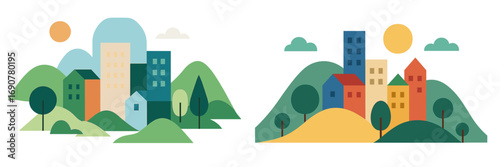 Two minimalist cityscape compositions featuring colorful buildings and houses nestled among rolling green hills and trees against a clean white background