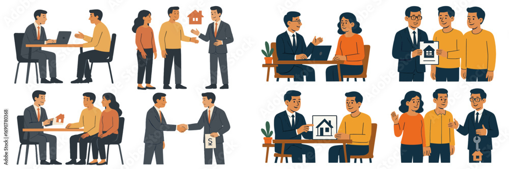 Naklejka premium Set of real estate scenes with agent and clients buying a new home, couple getting mortgage consultation, signing contract, and receiving keys for property purchase