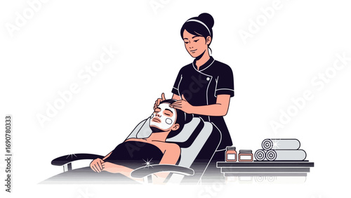 Skilled beautician applying a facial mask to a relaxed client in a modern spa setting with beauty products and towels