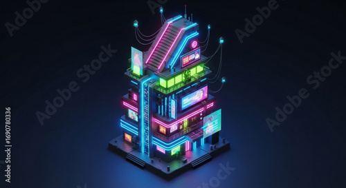 Isometric cyberpunk building with neon lights, showcasing a futuristic and vibrant architectural design in a technologically advanced city