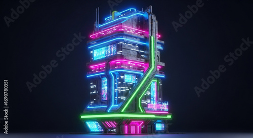Futuristic cyberpunk building with neon lights glowing in the dark, showcasing a modern and technologically advanced architectural design