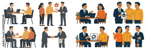 Set of real estate scenes with agent and clients buying a new home, couple getting mortgage consultation, signing contract, and receiving keys for property purchase
