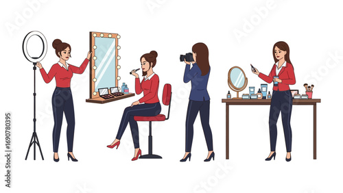 Diverse group of women engaged in makeup application and photography in a professional beauty studio setting with ring lights and mirrors