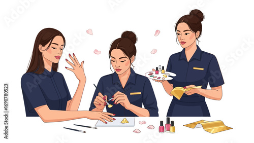 Three diverse women in a nail salon one receiving a manicure another applying polish and a third holding supplies illustrating beauty services and professional care