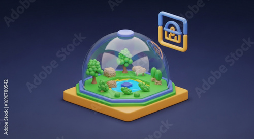 A miniature ecosystem under a glass dome with trees, sheep, and a pond, with a floating icon of a tree, set against a dark blue background