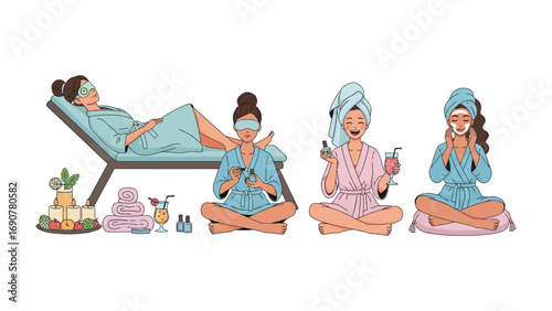 Diverse group of women enjoying a relaxing spa day at home with face masks towels and beauty products celebrating self care and wellness routines