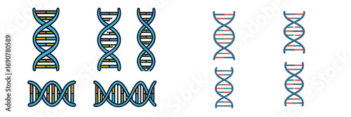 Set of colorful DNA helix icons for science and biology concepts, collection of genetic strand symbols and chromosome structure graphics isolated on a white background