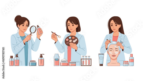 Three female dermatologists in lab coats examining skincare products and human skin anatomy for cosmetic research and development