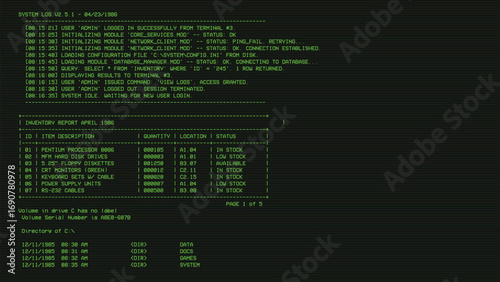 A vintage retro digital vector graphic overlay. Old green CRT screen overlay with some system text. Green retro text on black screen. 80's retro display overlay 16:9 with horizontal lines.
