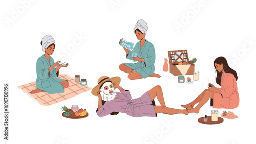 Diverse group of women enjoying a relaxing spa day at home with face masks and skincare products in a cozy setting