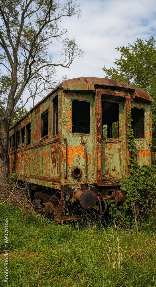 Fototapeta premium Abandoned Railway Car Rusts Amidst Lush Greenery