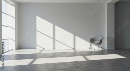 Sparse room with light and chair stark white walls concrete floor