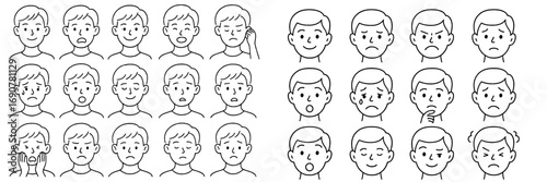 Set of male character facial expressions showing various emotions like happy, sad, angry, and surprised in a simple line art style