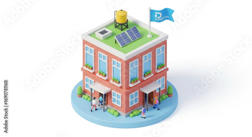Isometric school building with solar panels and water tank a modern and sustainable educational facility