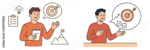 Man presenting business strategy and goals using icons for planning, ideas, and success, talking about targets and achievement