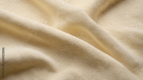 Soft stretchy fabric with a yellowish beige hue, smooth shiny surface, draping folds, pliable flexible material,
