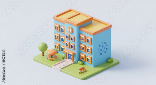 Isometric cartoon hospital building with yellow accents, a small park, and benches, set against a clean in a minimalist style