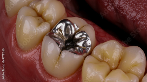 Close-up of a human molar tooth with a silver amalgam filling and surrounding gums dental