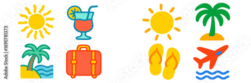 Colorful summer vacation icon set with sun, tropical cocktail, palm tree, suitcase, airplane, and flip-flops for travel and holiday concepts