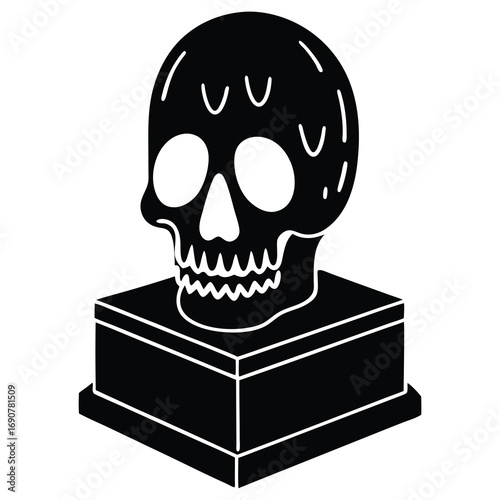 “Extreme close-up of a striking yellow skull placed on a sleek podium, its glossy surface catching and reflecting numerous bright lights from multiple angles. The reflections scatter across the skull 