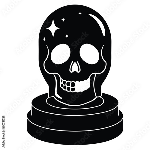 “Extreme close-up of a striking yellow skull placed on a sleek podium, its glossy surface catching and reflecting numerous bright lights from multiple angles. The reflections scatter across the skull 