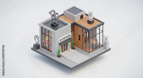 Isometric 3d rendering of a modern art gallery with sculptures and large windows, showcasing contemporary art on a