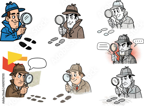 Detective Character Illustrations with Magnifying Glass, Cartoon Investigator Clipart in Various Styles, Comic, Sketch, Pop Art