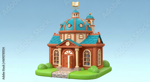 Isometric school building, a charming educational institution with a book on top and a welcoming entrance