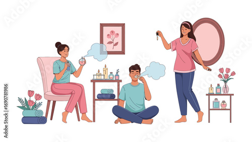 Three diverse young adults applying makeup and skincare products in a well lit room with mirrors and beauty supplies