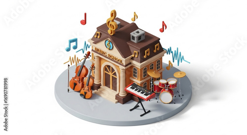 Isometric music school building, a vibrant center for musical education with instruments and musical notes