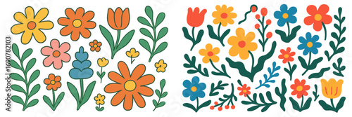 Set of hand drawn groovy flowers and leaves in a retro doodle style, colorful botanical elements for design isolated on a white background